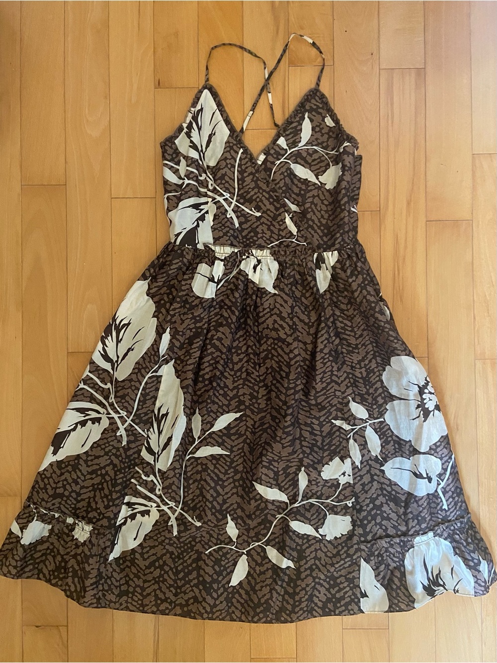 Brown Floral V-Neck Midi Sundress with White Print